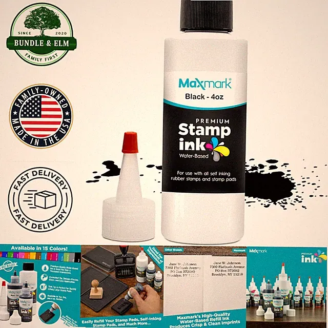 Black Water-Based Ink for Self-Inking Stamps, 4 oz Bottle with Easy Application
