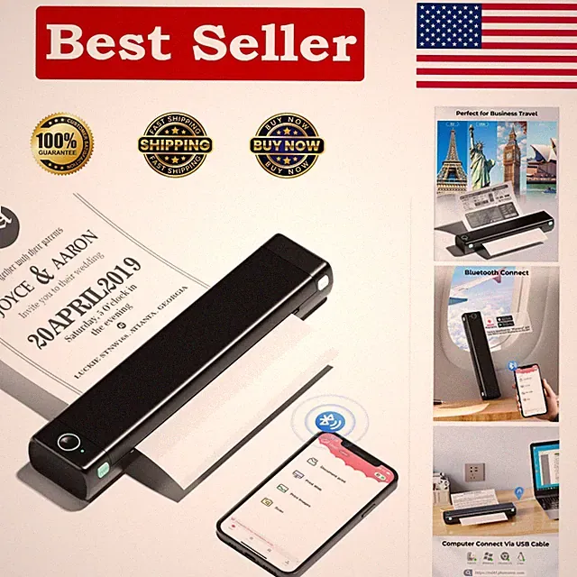 Compact Inkless Thermal Printer - Wireless Bluetooth for Travel & Office Use