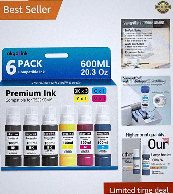 Compatible T522 6-Pack Ink Refill for Epson ET Series - Cost-Effective Printing