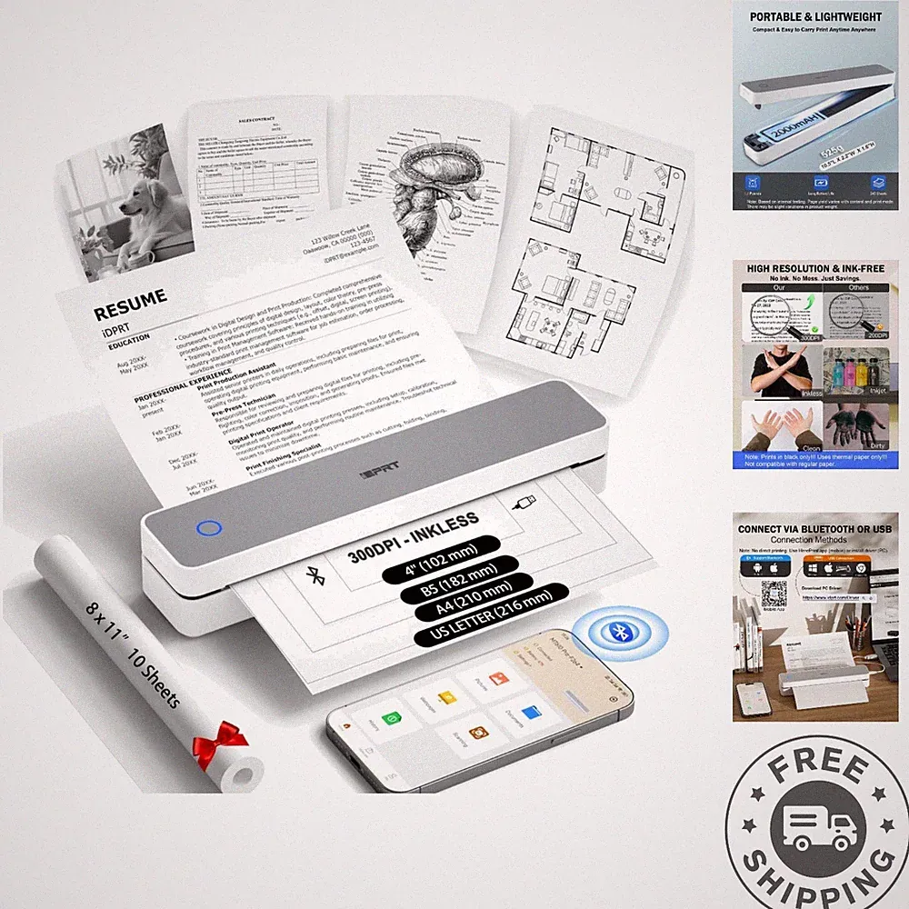 Lightweight Wireless Printer: 300DPI Inkless Thermal Printing - Ideal for Travel
